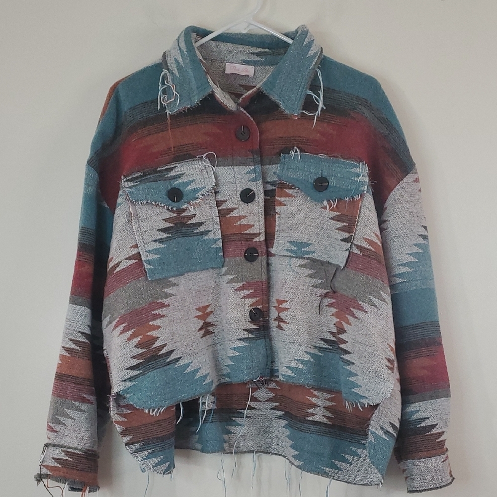 Pink Lily Aztec Oversized Boxy Shacket Size Med Distressed Hems High-Low